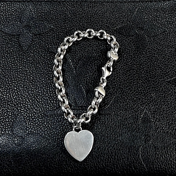 Sterling Silver Jewelry - Vintage 925 Sterling Silver Heart Tag Charm Bracelet 7.75"
